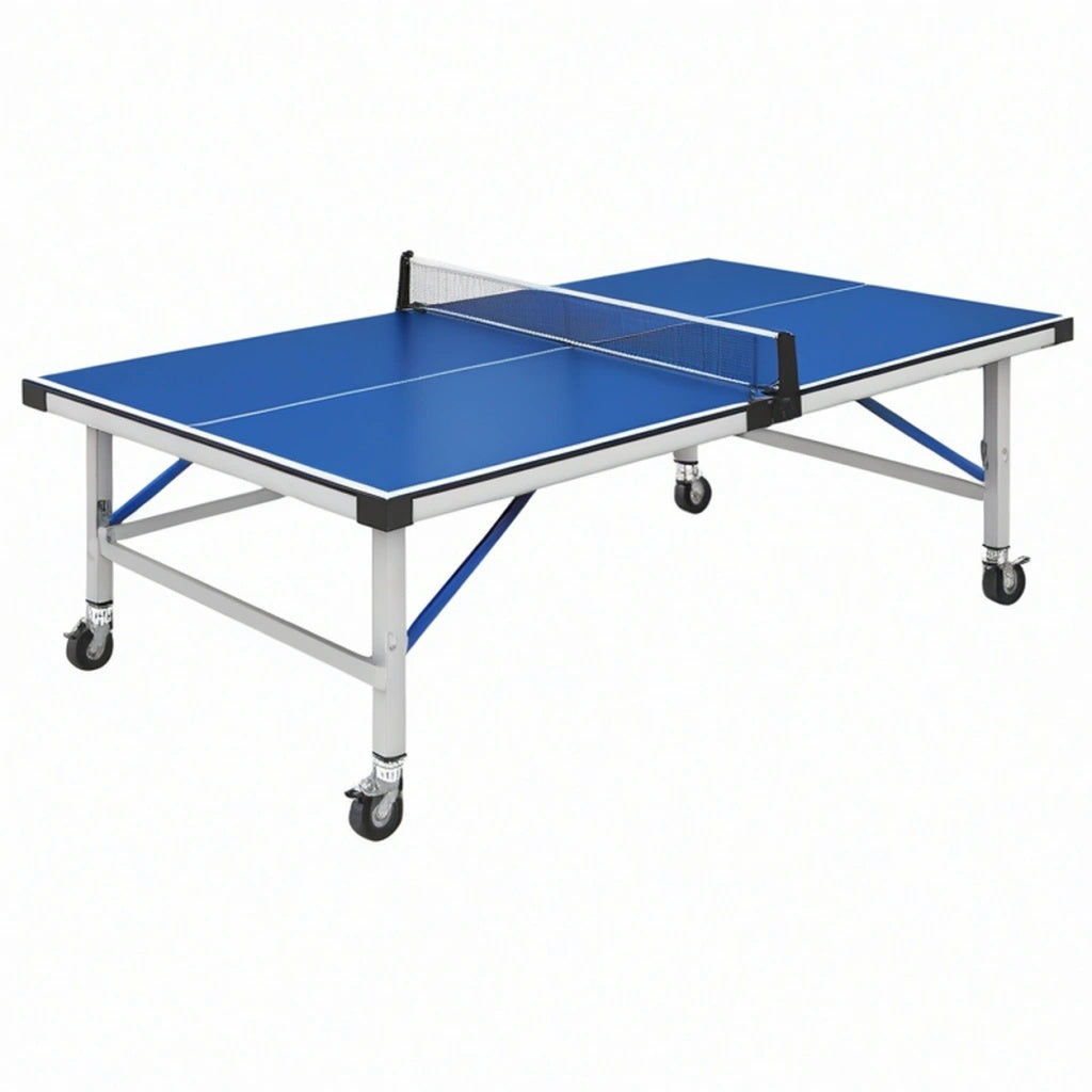 Stół do tenisa stołowego 274 x 152.5 x 76 cm stalowy niebieski składany na kółkach