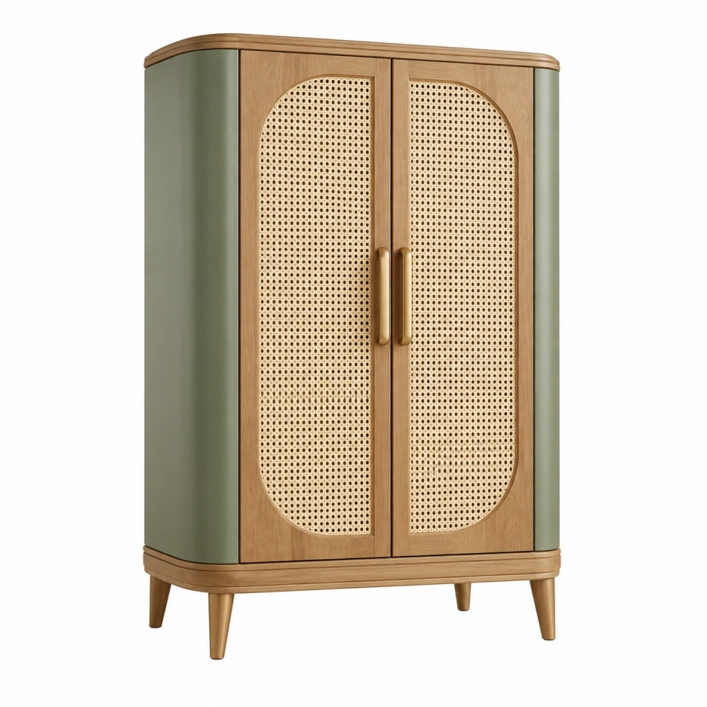 Szafa garderobiana 100 x 45 x 180 cm drewniana zielona z rattanem w stylu retro