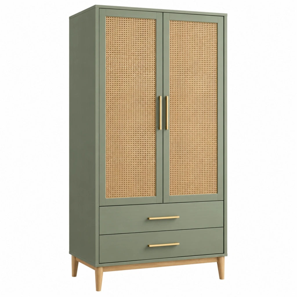 Szafa 80 x 40 x 180 cm zielona z frontami rattanowymi w stylu retro