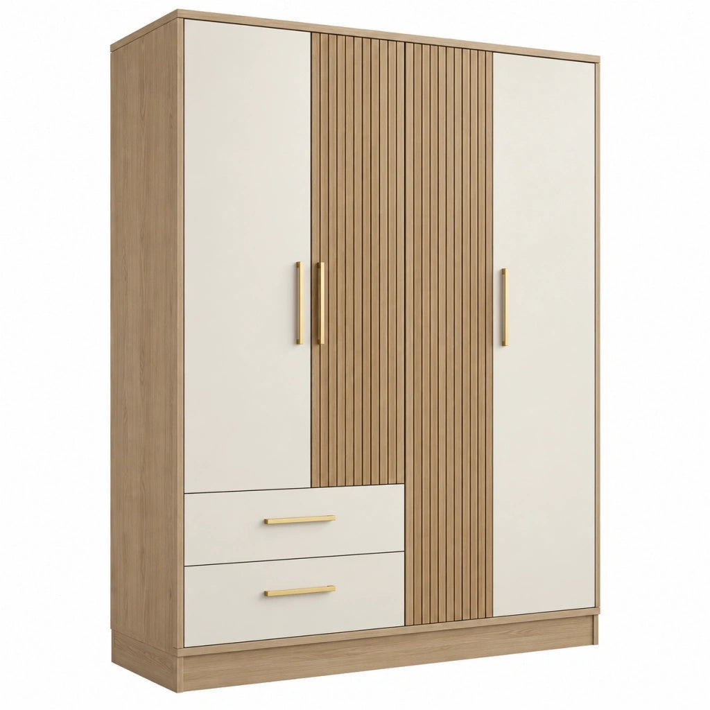 Szafa garderobiana 180 x 60 x 220 cm z płyty meblowej dąb kremowa z ryflowanymi frontami