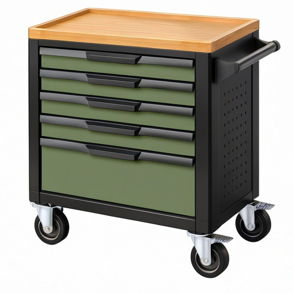 Wózek narzędziowy 70 x 45 x 90 cm metalowy czarno-zielony z drewnianym blatem i 5 szufladami