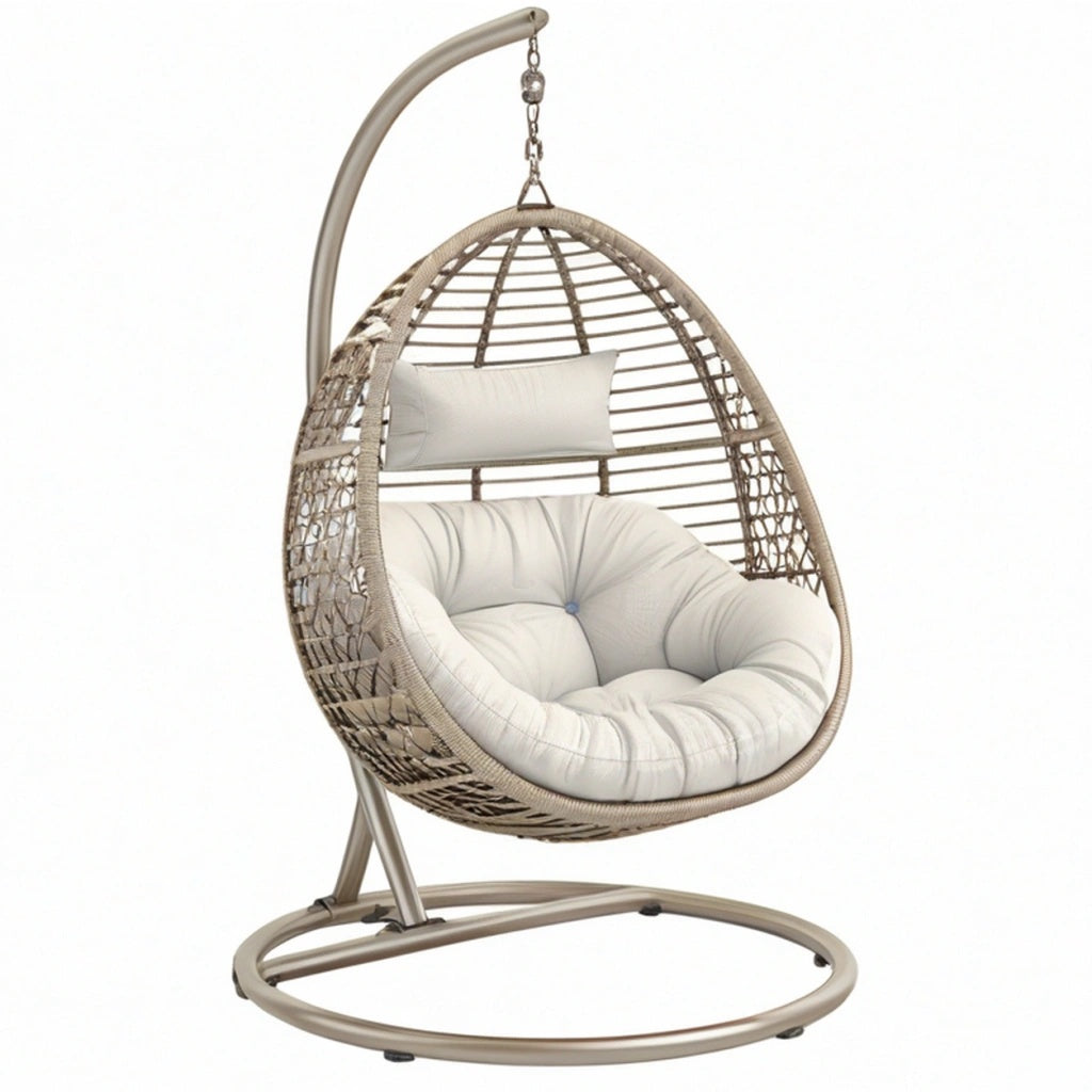 Fotel wiszący 105 x 105 x 195 cm metalowy beżowy z plecionym koszem do ogrodu