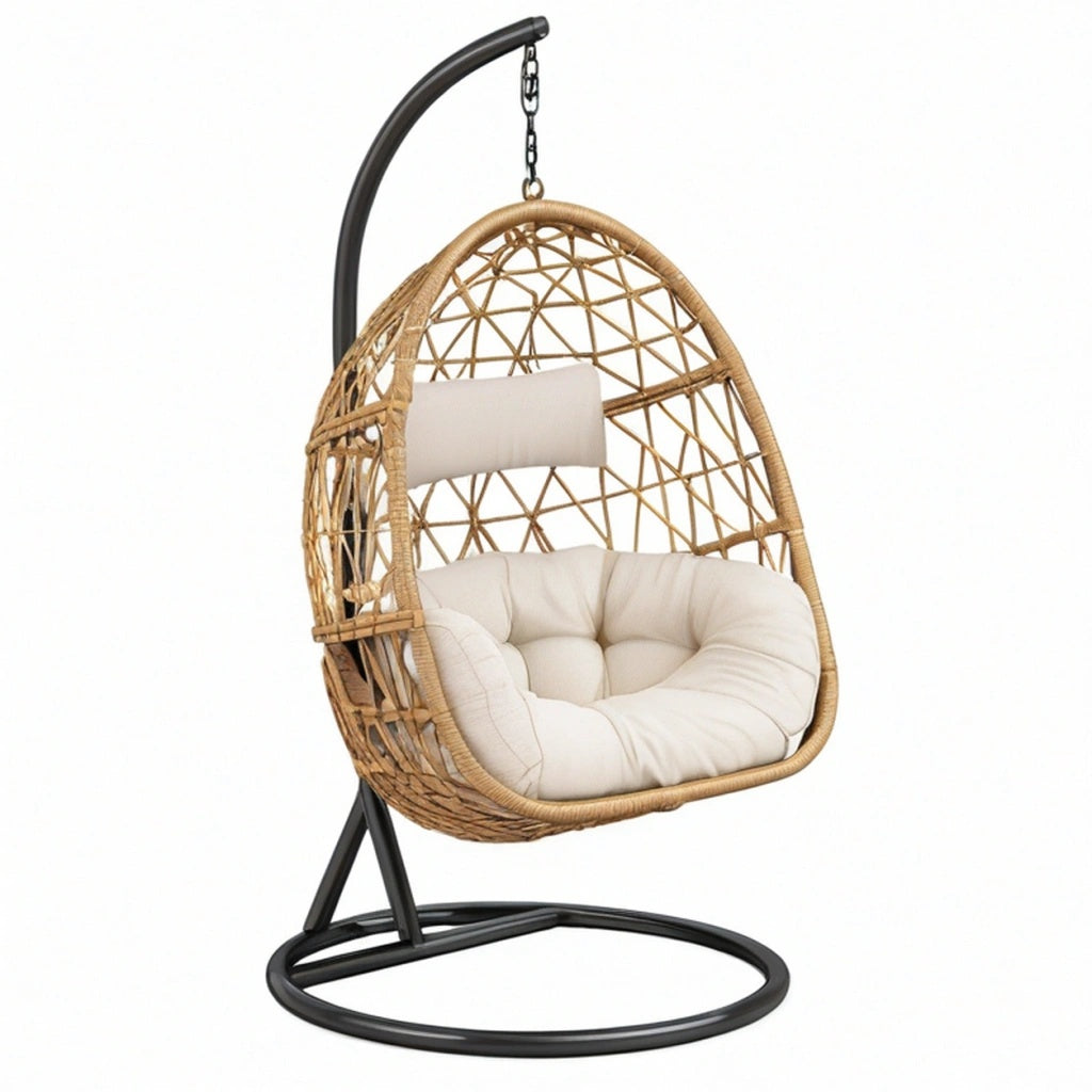 Fotel wiszący ogrodowy 105 x 105 x 195 cm z plecionki beżowy z metalowym stelażem