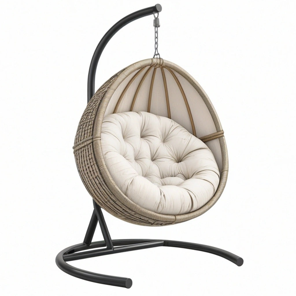 Fotel wiszący ogrodowy 105 x 105 x 195 cm z technorattanu beżowy na stalowym stelażu