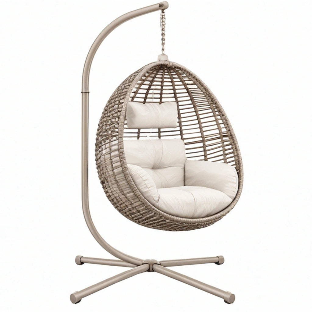 Fotel wiszący ogrodowy 105 x 105 x 195 cm beżowy z metalowym stelażem i plecionym siedziskiem