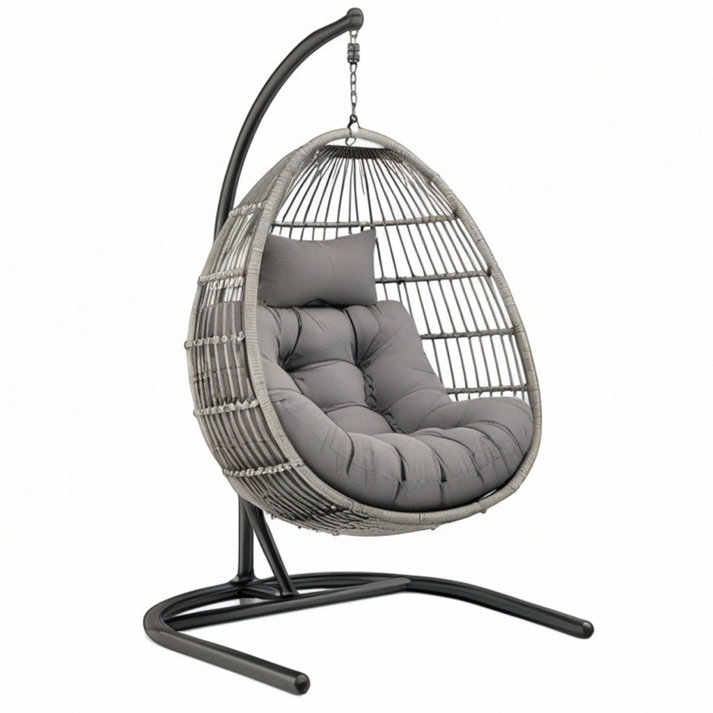 Fotel wiszący 105 x 105 x 195 cm szary z plecionki ze stalowym stelażem do wypoczynku